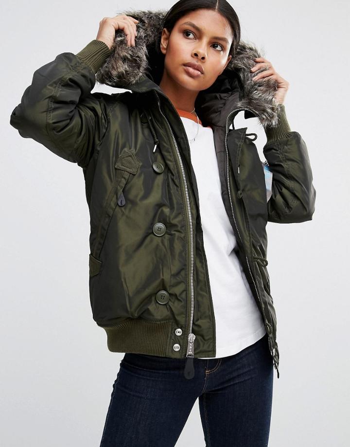 Alpha Industries Arctic Bomber Jacket With Faux Fur Collar - Green