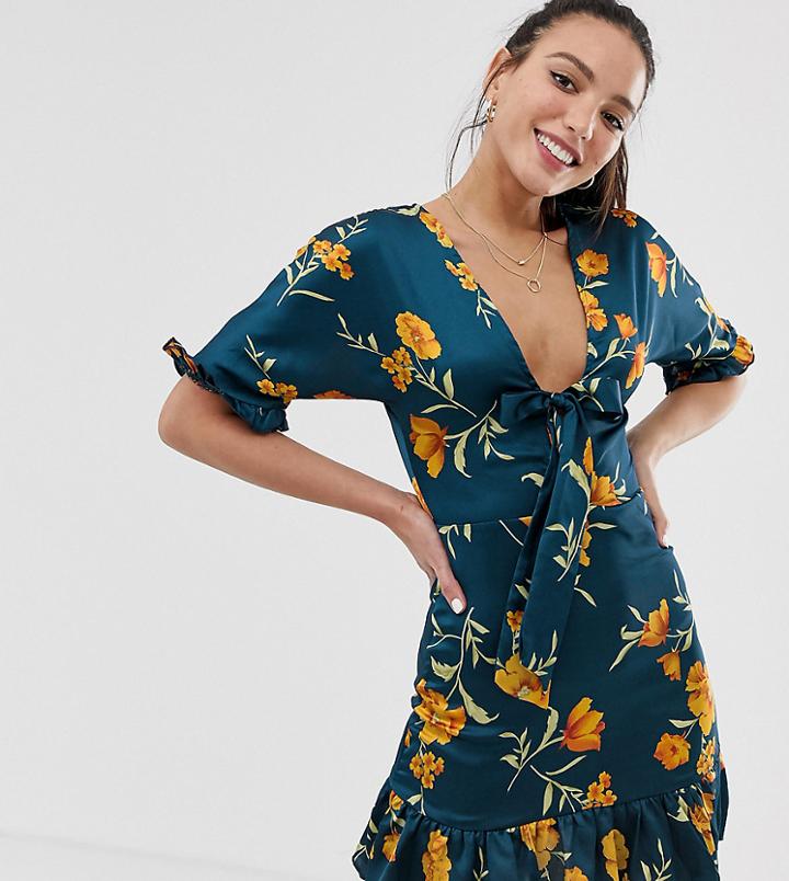 Parisian Tall Tea Dress With Tie Front In Navy Floral