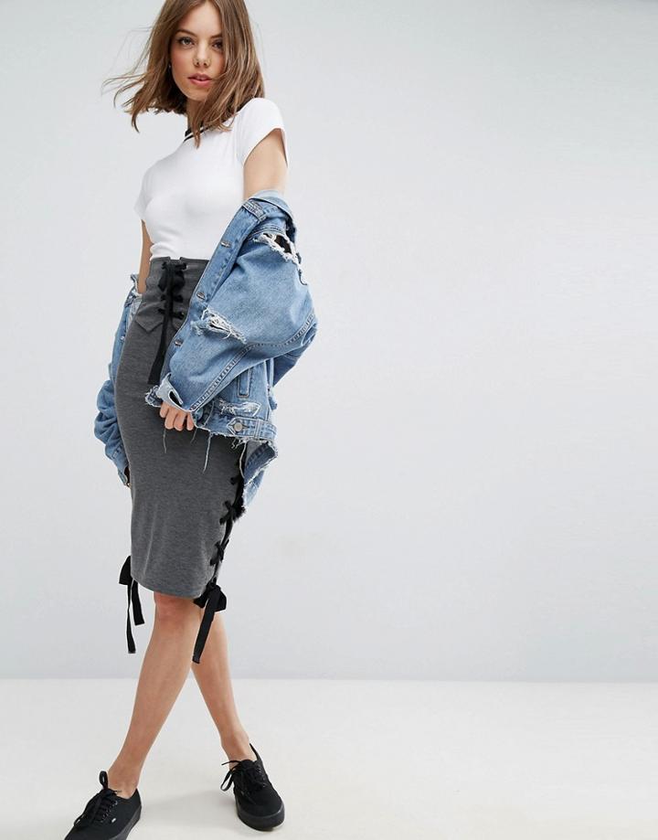 Asos High Waist Midi Skirt With Corset Detail - Gray