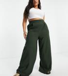 Flounce London Plus Pleated Wide Leg Pant In Khaki - Part Of A Set-green