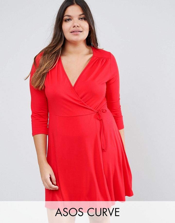 Asos Curve Mini Tea Skater Dress With Wrap Front And 3/4 Sleeve - Brow