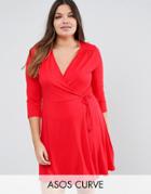 Asos Curve Mini Tea Skater Dress With Wrap Front And 3/4 Sleeve - Brow