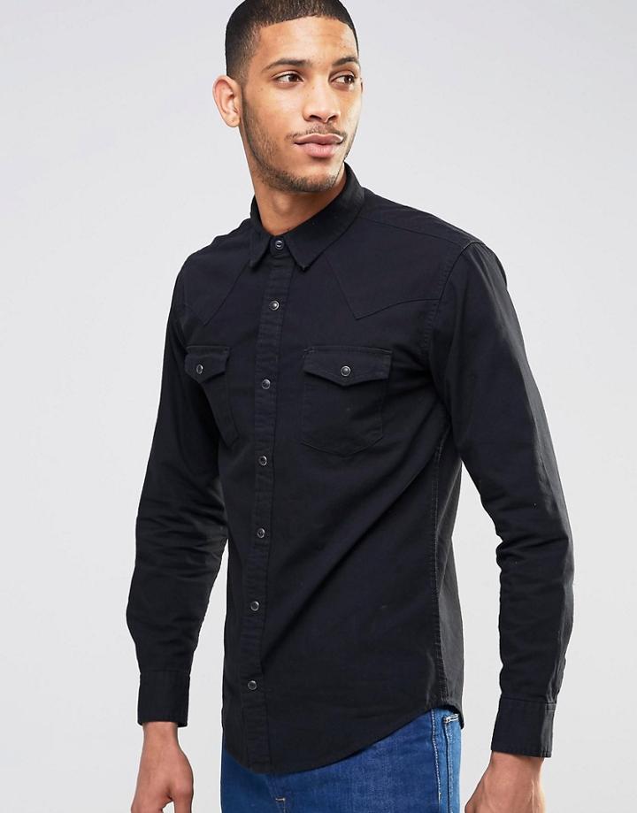 Pull & Bear Western Denim Shirt In Black - Black