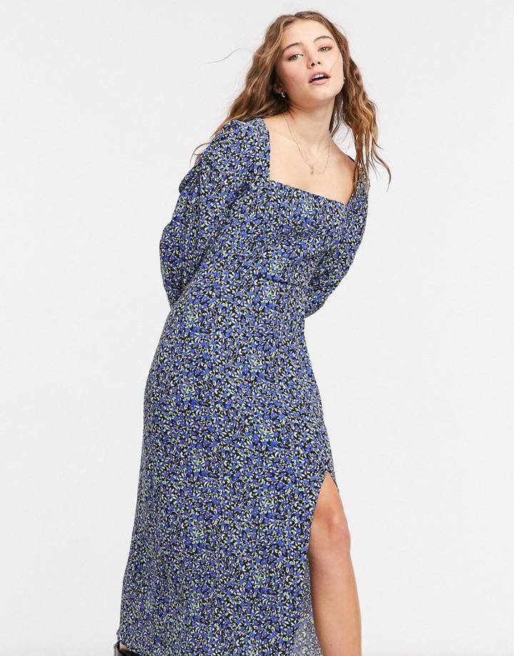 Bershka Square Neck Floral Midi Dress In Blue