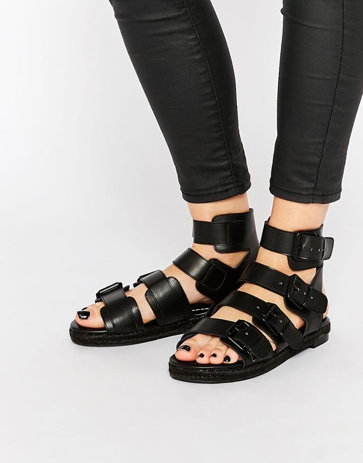 Kendall & Kylie Jackie Black Leather Multi Buckle Flat Sandals - Black