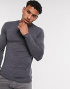Asos Design Muscle Fit Merino Wool Crew Neck Sweater In Charcoal-gray