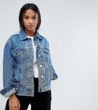 Asos Design Petite Denim Girlfriend Jacket In Midwash Blue - Blue