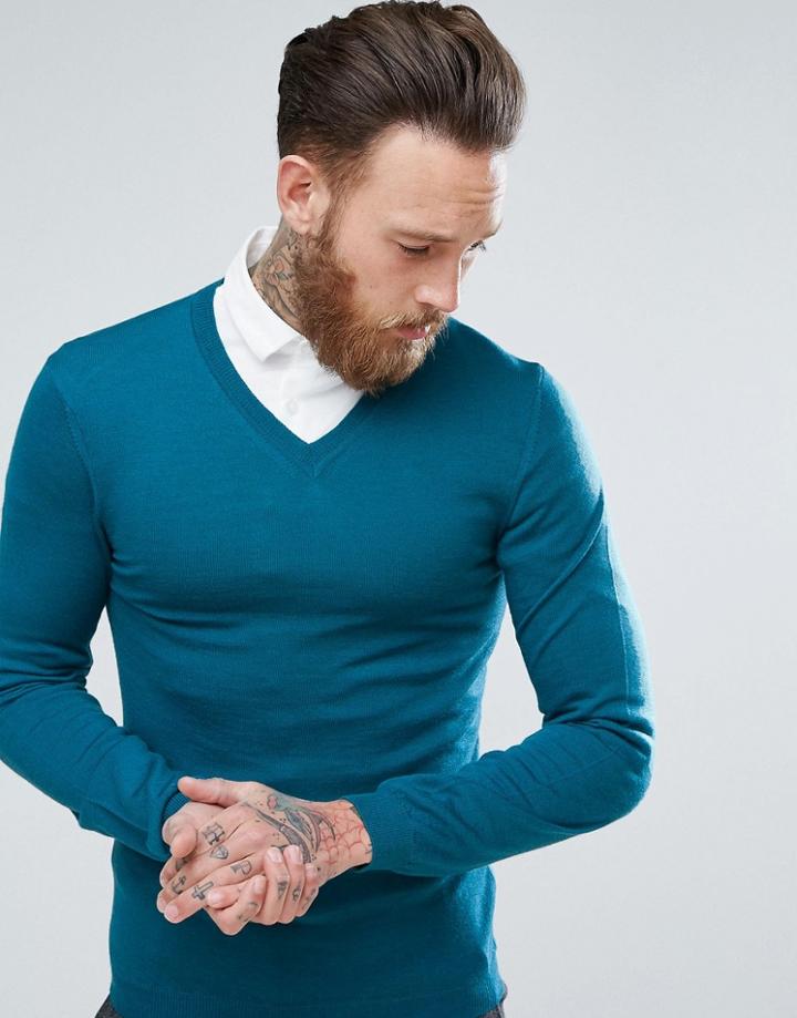 Asos Merino V-neck Sweater In Teal - Green