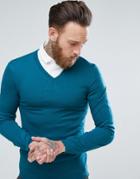 Asos Merino V-neck Sweater In Teal - Green