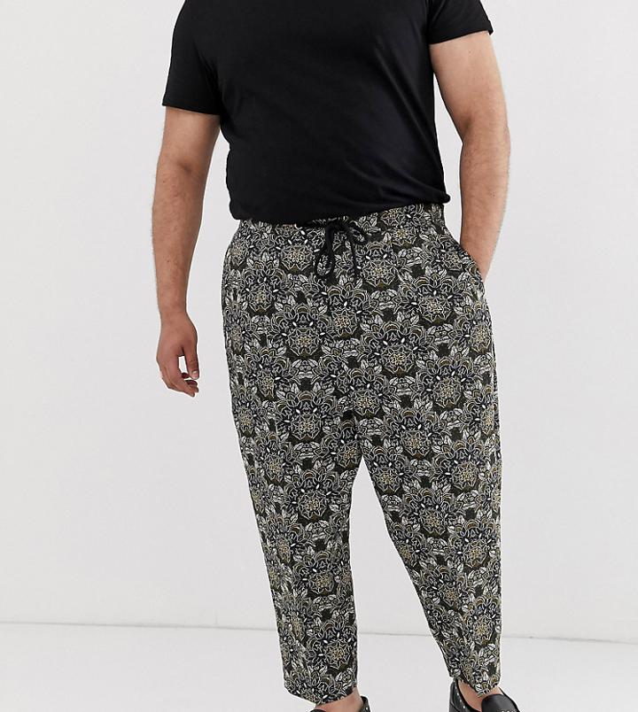 Asos Design Plus Drop Crotch Tapered Smart Pants In Green Floral Jacquard With Drawcord Waist