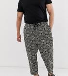 Asos Design Plus Drop Crotch Tapered Smart Pants In Green Floral Jacquard With Drawcord Waist