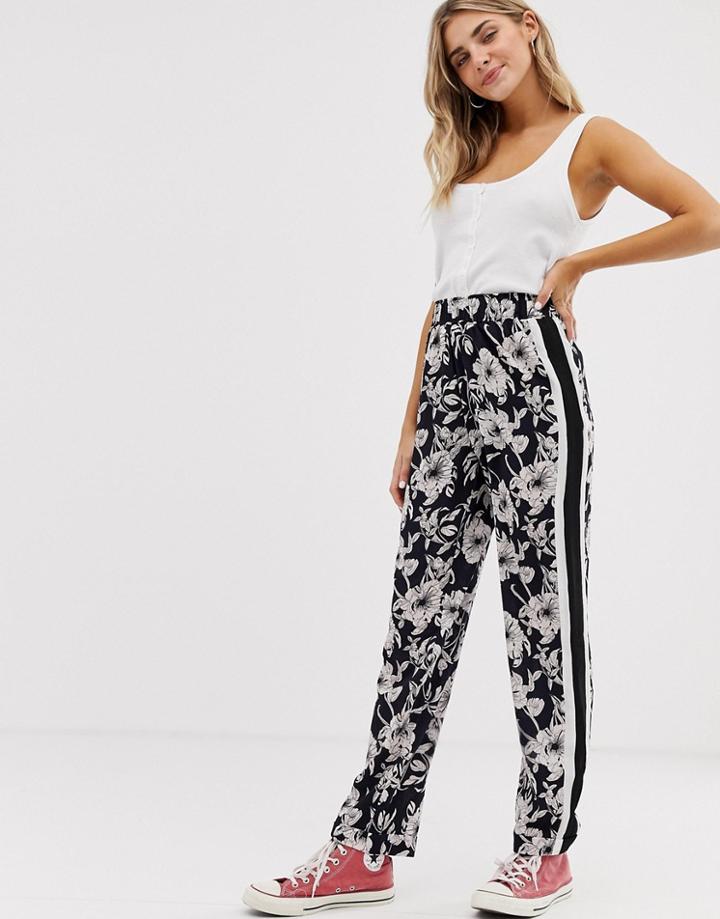 Brave Soul Monochrome Floral Pants With Side Stripe-navy
