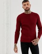 Asos Design Muscle Fit Ribbed Sweater In Burgundy-red