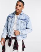 River Island Boxy Fleece Lined Denim Jacket In Blue-black