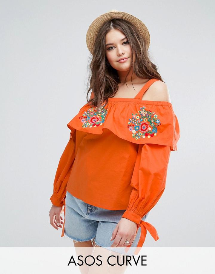 Asos Curve Cotton Off Shoulder Top With Embroidery - Orange