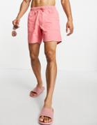 Asos Design Swim Shorts With Contrast Stitching And Acid Wash Mid Length-pink
