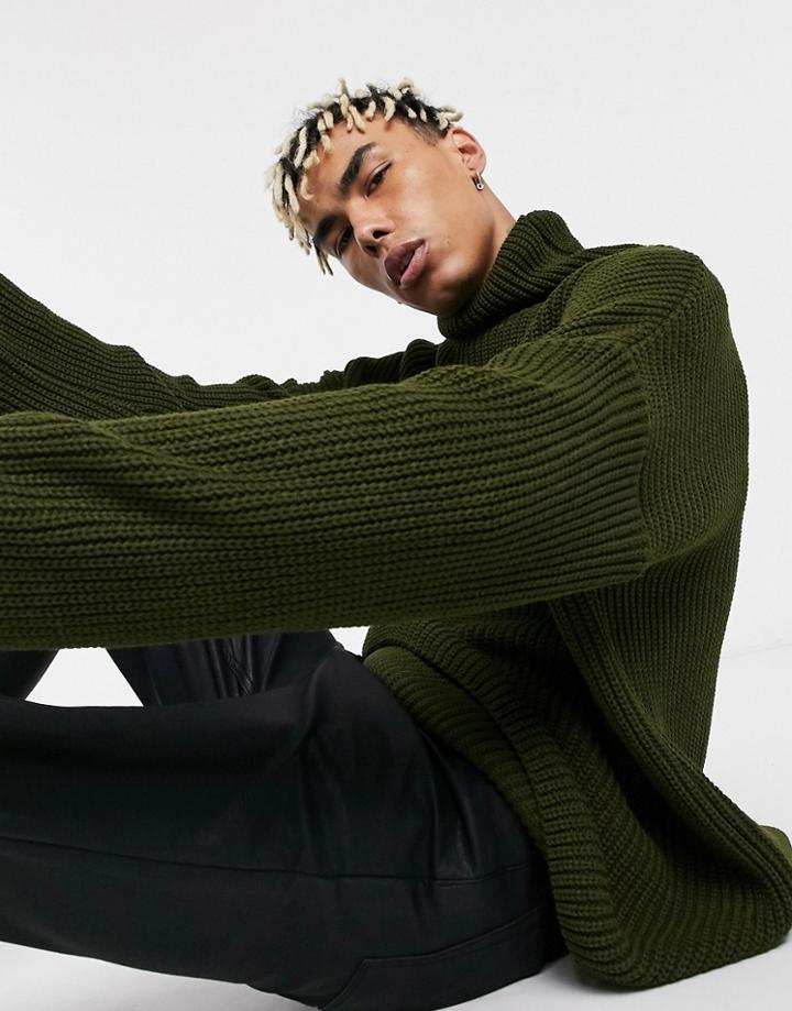 Asos Design Oversized Funnel Neck Sweater In Khaki-green