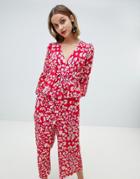 Lost Ink Wide Leg Jumpsuit With Fluted Sleeves In Leopard - Red