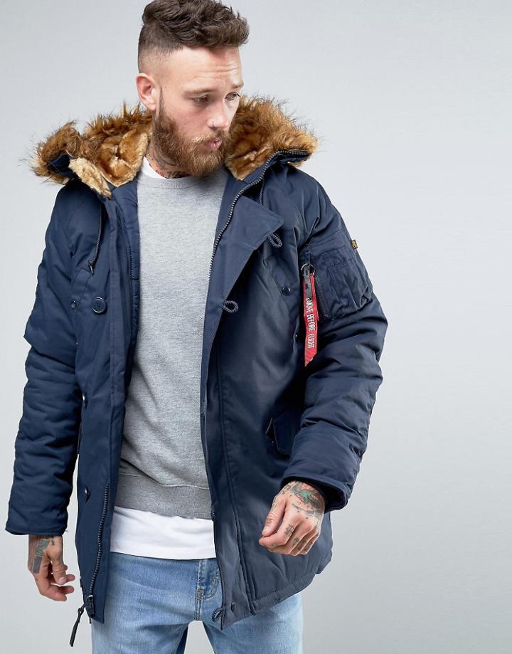 Alpha Industries Explorer Parka With Faux Fur Trim In Regular Fit Navy