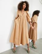 Asos Edition Puff Sleeve Smock Midi Dress In Camel-neutral