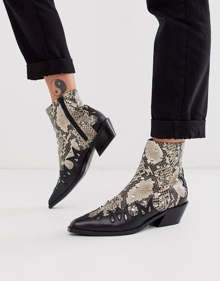 Asos Design Atlanta Studded Western Leather Boots In Snake-multi