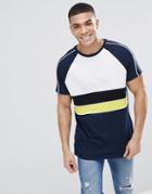 Asos Design Relaxed Longline Raglan T-shirt With Color Block And Piping In Navy - White