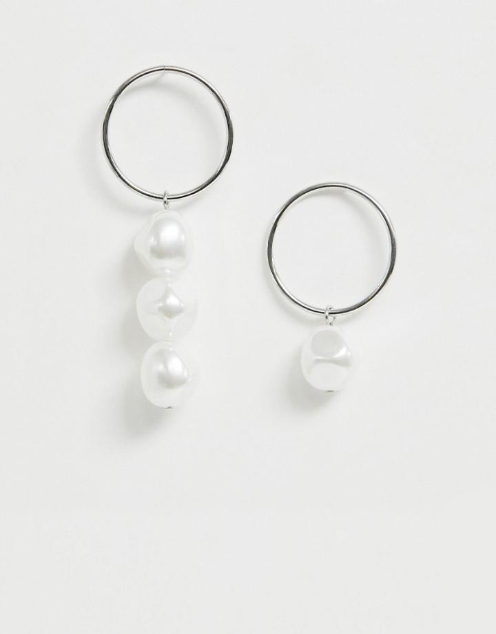 Asos Design Earrings In Asymmetric Drop Design With Faux Freshwater Pearls In Silver - Silver