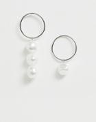 Asos Design Earrings In Asymmetric Drop Design With Faux Freshwater Pearls In Silver - Silver