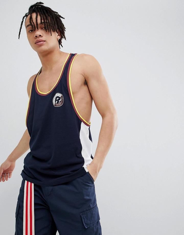 Asos Design Retro Extreme Racer Back Tank With Chest Print And Color Block - Navy
