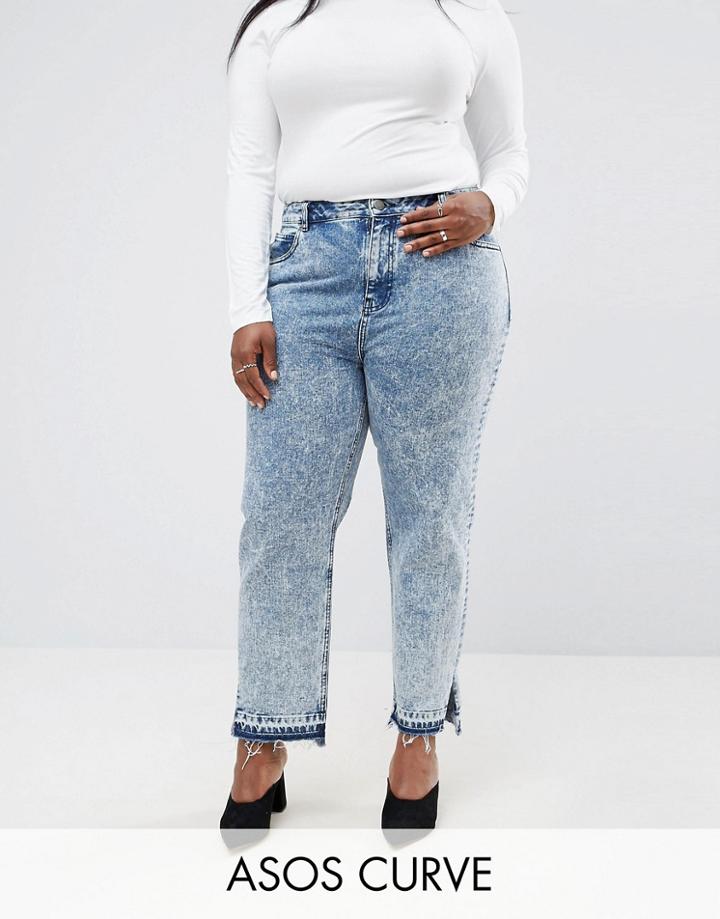 Asos Curve Original Mom Jeans In Adelaide Acid Wash With Side Split Hems - Blue