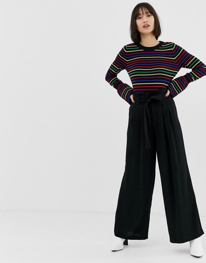 River Island Wide Leg Pants With Paperbag Waist In Black
