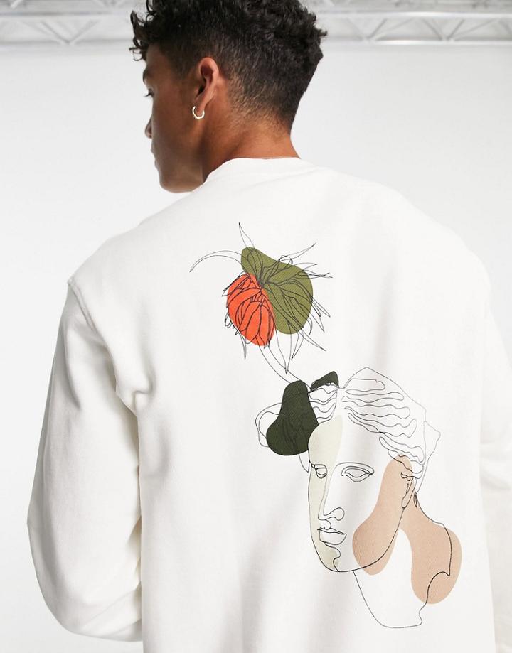 Selected Homme Organic Cotton Relaxed Sweat With Face Sketch Back Print In Off White