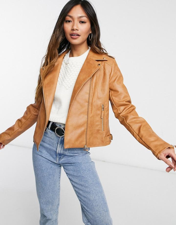 Vila Leather Look Jacket In Tan-brown