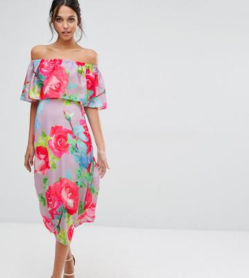 Every Cloud Rose Print Off Shoulder Frill Midi Dress - Multi