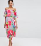 Every Cloud Rose Print Off Shoulder Frill Midi Dress - Multi