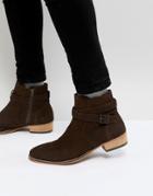 Asos Chelsea Boot In Brown Suede With Stacked Heel And Strapping Detail - Brown