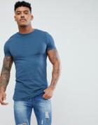 Asos Design Longline Muscle Fit T-shirt With Bound Curved Hem In Blue - Blue