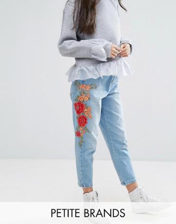 Kubban Petite Floral Embroidered Side Mom Jeans - Blue