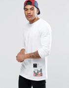 Asos Longline Long Sleeve T-shirt With Hem Print - White