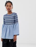 Asos Design Denim Smock Top With Sheering Detail-blue