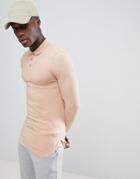 Asos Design Longline Muscle Polo With Bound Curved Hem In Beige - Beige