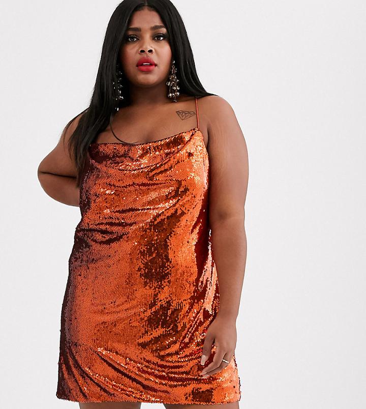 Asos Design Curve Cowl Neck All Over Sequin Mini Cami Dress-silver