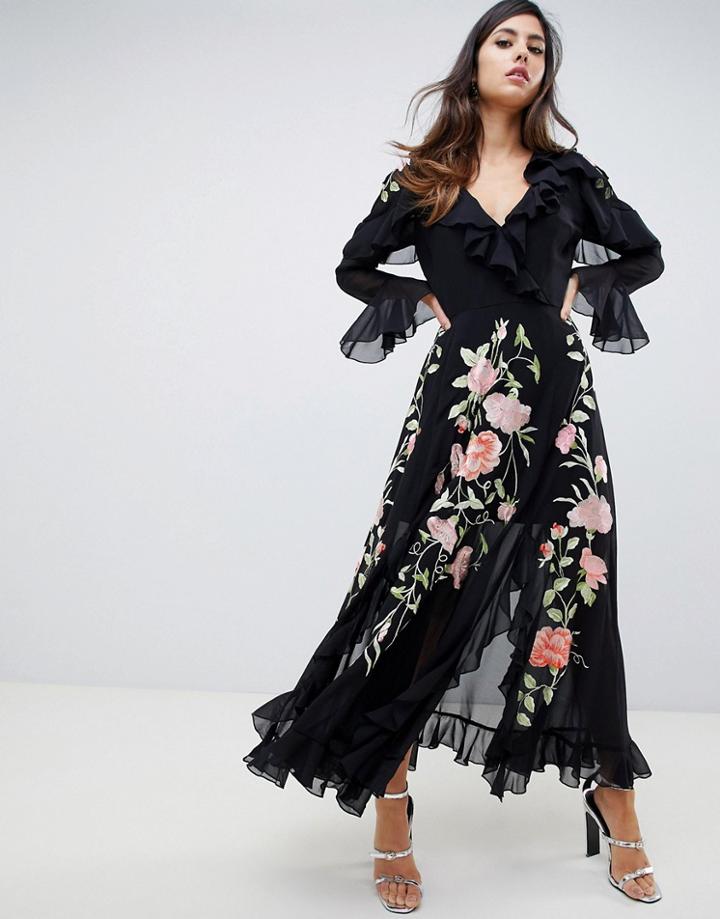 Asos Design Embroidered Wrap Maxi Dress - Black