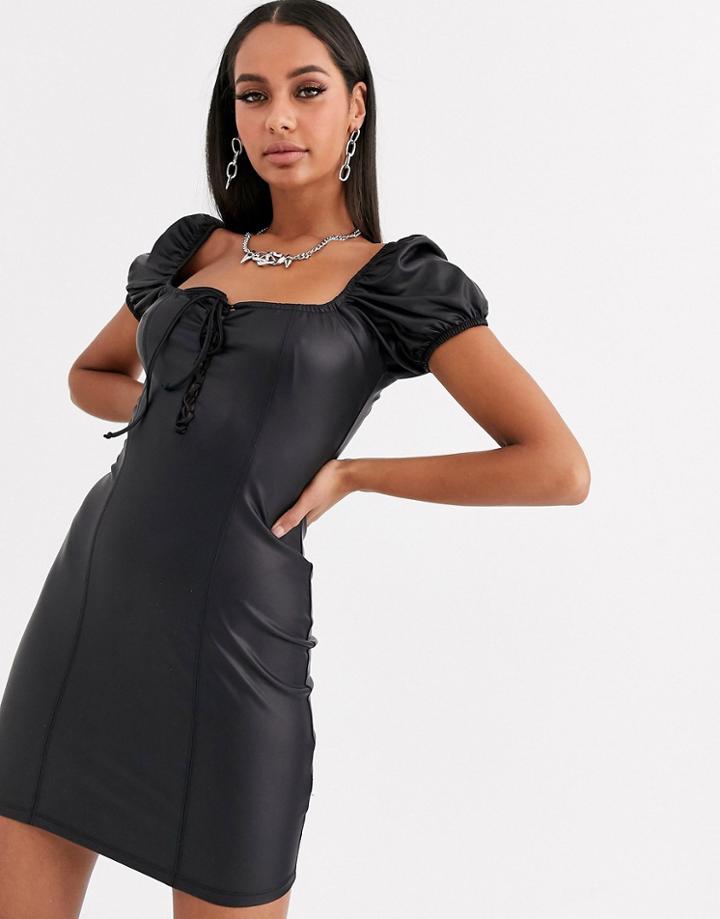 Asos Design Leather Look Lace Up Front Mini Dress-black