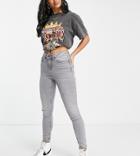 Noisy May Petite Callie High Waisted Ripped Knee Skinny Jeans In Gray