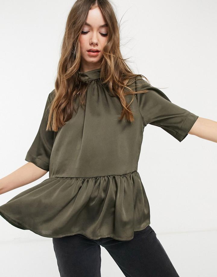 Asos Design High Neck Short Sleeve Peplum Smock Blouse In Olive-green