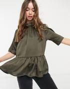 Asos Design High Neck Short Sleeve Peplum Smock Blouse In Olive-green