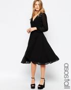Asos Tall Midi Dress With 70's Blouson Sleeves And Wrap Front - Black