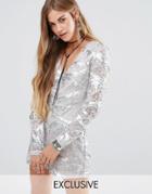 Young Bohemians Long Sleeve Party Romper In Sequin Lace - Silver
