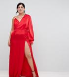 Ttya Black Plus One Shoulder Maxi Dress With High Thigh Split - Red